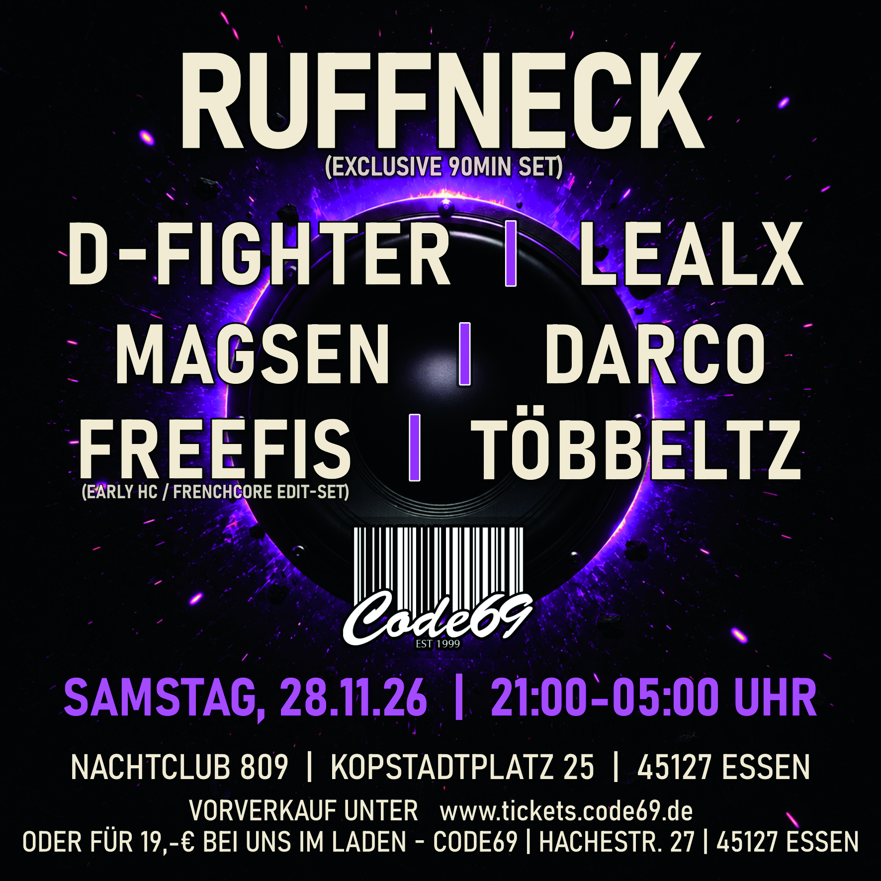 Rückseite des ULTIMATE-HARDCORE-Flyers mit DJ RUFFNECK am 28. November 2026