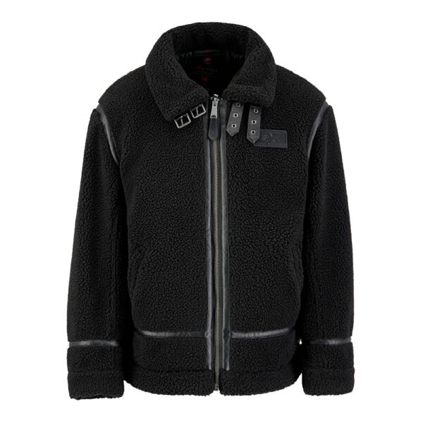 Winterjacke B3 Teddy in Black der Marke Alpha Industries im Retro-Fliegerstil. Die Jacke hat einen Stehkragen, einen Reißverschluss und zwei seitliche Eingriffstaschen. Sie ist aus weichem Teddy-Stoff gefertigt und hat ein Innenfutter aus Polyester. Die Jacke kann auf der Website www.code69.de gekauft werden.